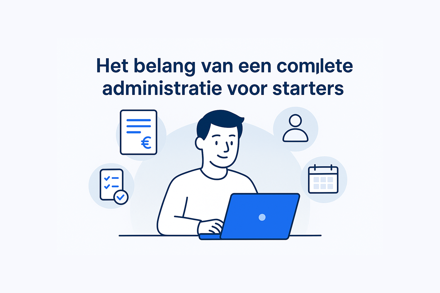 Illustratie van een jonge zzp’er die zijn complete administratie beheert met een alles-in-één softwaretool, inclusief klantbeheer, facturatie en urenregistratie.