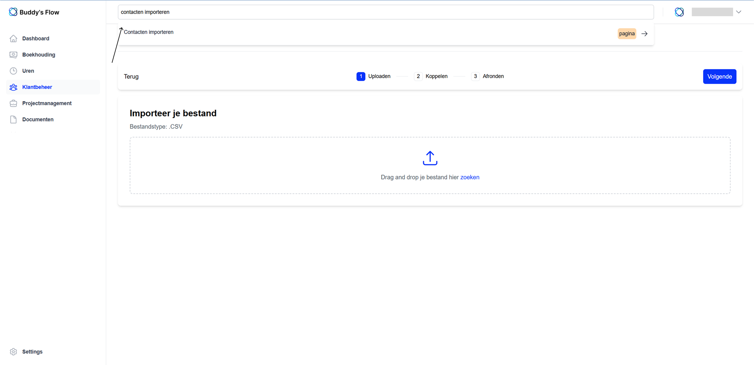 Scherm van Buddy’s Flow met importscherm, waar je een CSV uploadt via