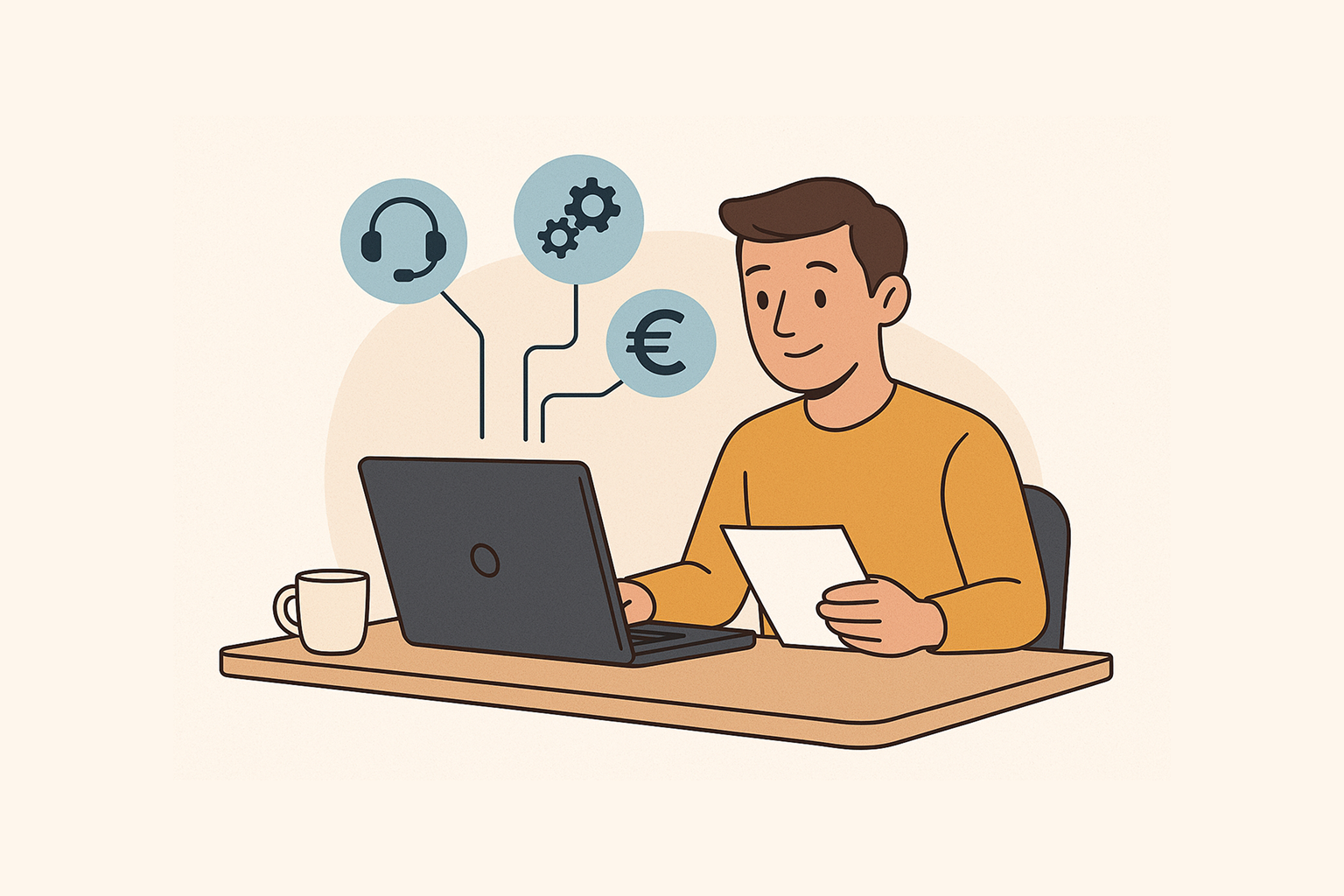 jonge ondernemer werkt op laptop aan administratie met icoontjes voor klantenservice, instellingen en euroteken – illustratie over administratie software voor starters.