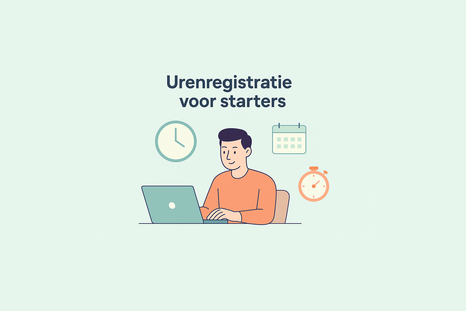 Digitale illustratie van een startende zzp’er die zijn uren registreert op een laptop, omringd door pictogrammen van een klok, kalender en grafiek; visuele weergave van overzicht en efficiëntie bij urenregistratie.
