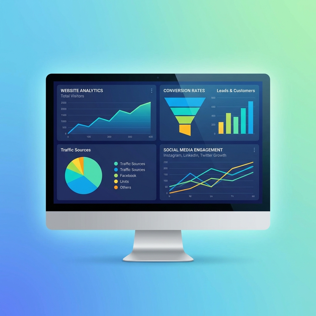 Dashboard met website statistieken die groei laten zien in bezoekers en conversies.