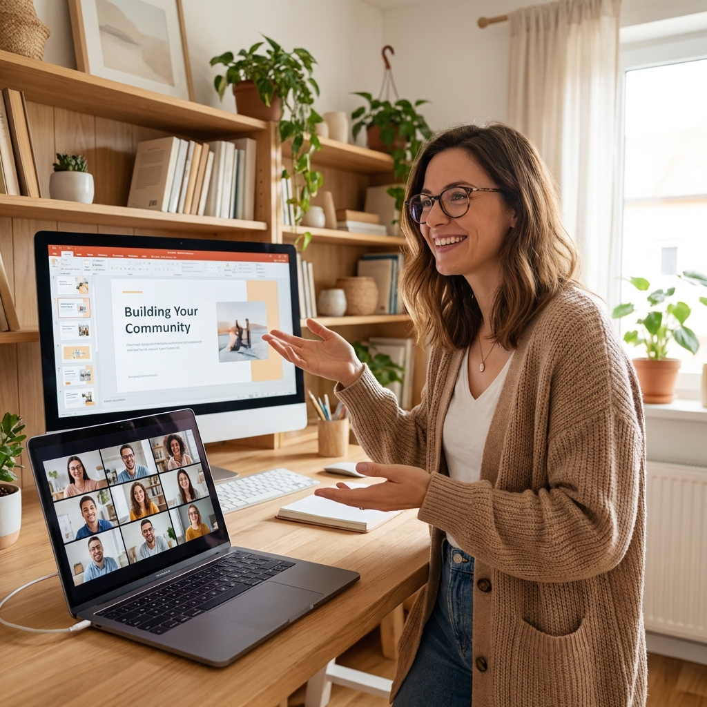 Content creator geeft een webinar met enthousiaste deelnemers.