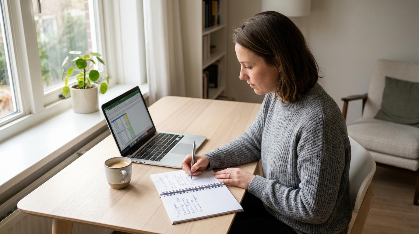 Klik om afbeelding te bewerken ZZP'er werkt aan ondernemingsplan in een moderne werkruimte.