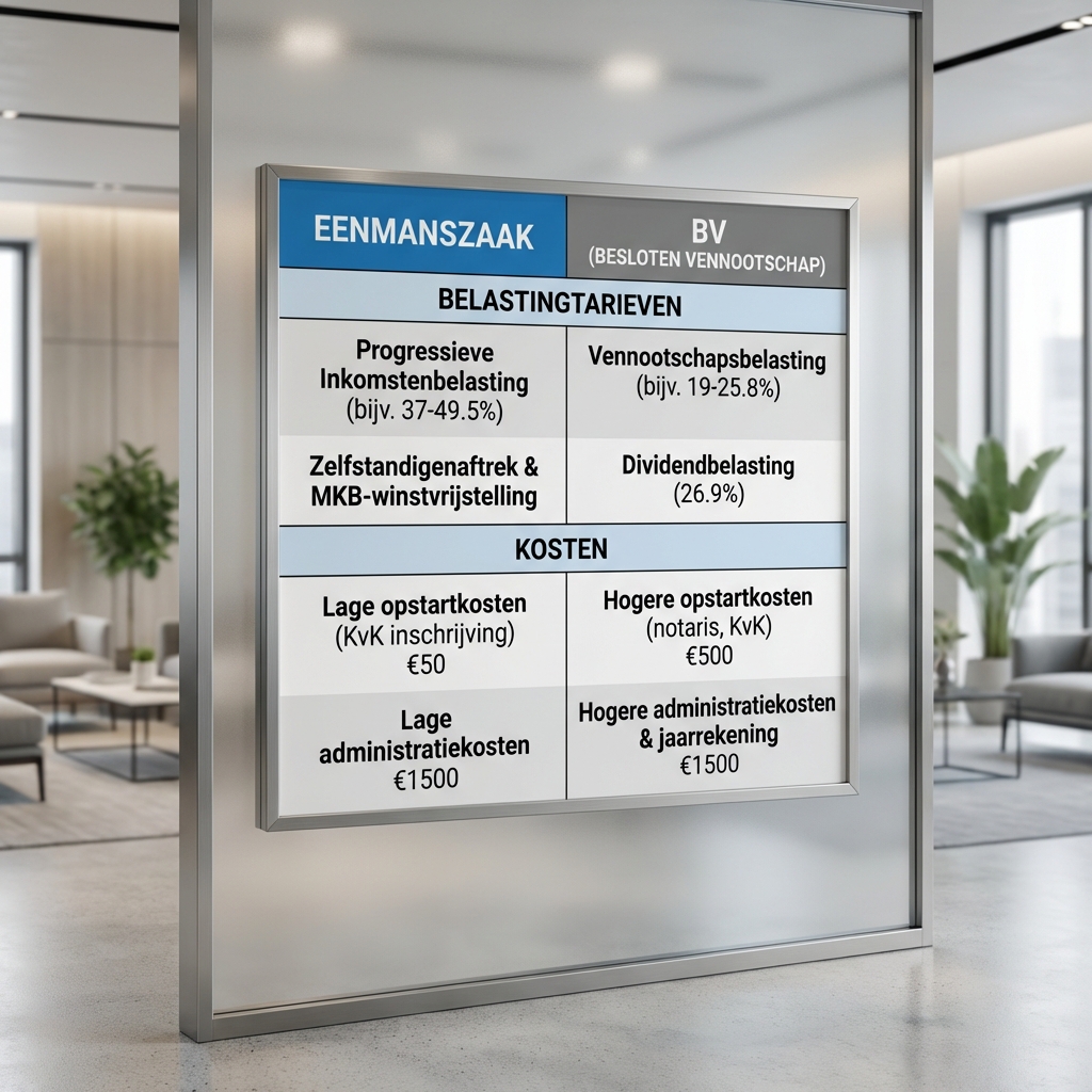 Vergelijkingstabel van de financiële verschillen tussen eenmanszaak en BV, inclusief belastingtarieven en kosten.