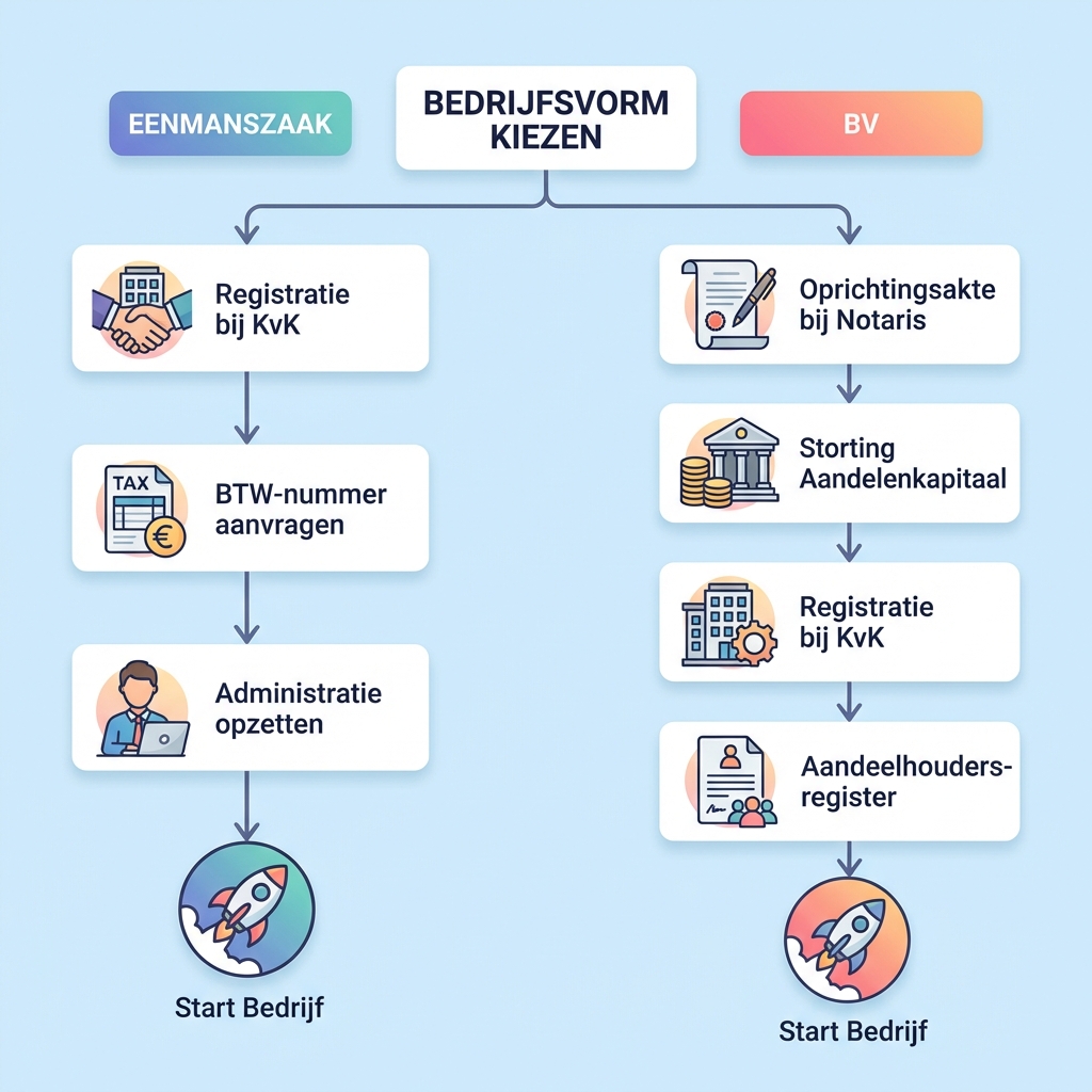 Flowchart met de stappen voor het oprichten van een eenmanszaak versus een BV.