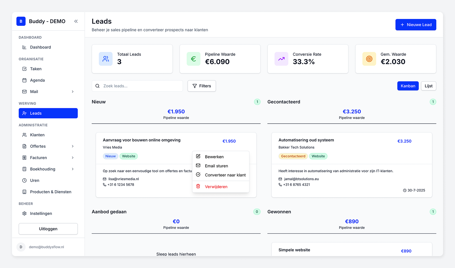 Lead Management interface