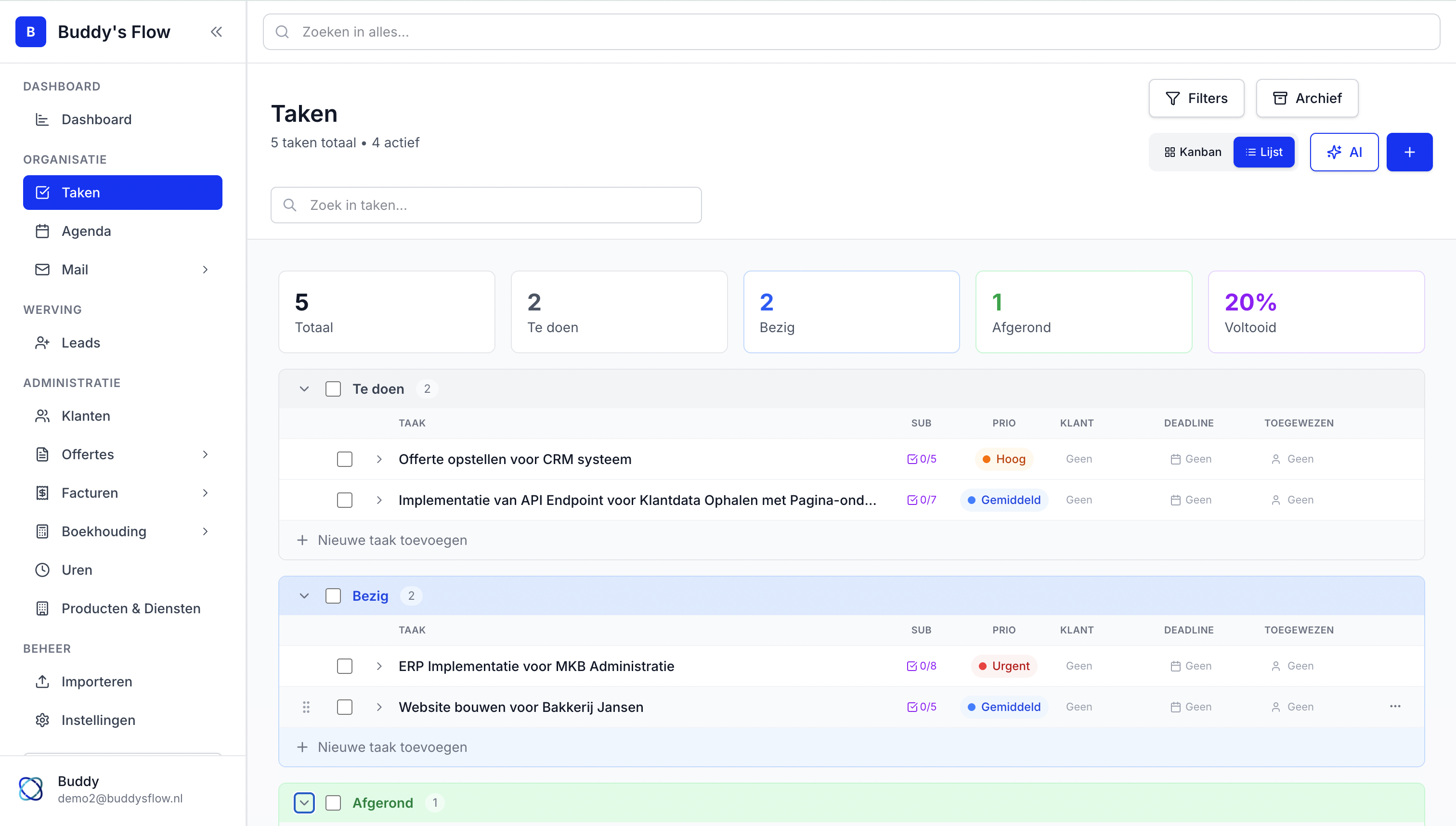 Taken interface met kanban bord
